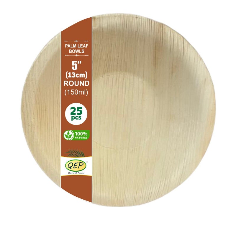 QEP Palm Leaf Round Disposable Bowls | Eco-Friendly, Biodegradable Bowls | for Serving Snacks | Birthday, Wedding & Party (5 Inches, 25 Pieces) - Image 4