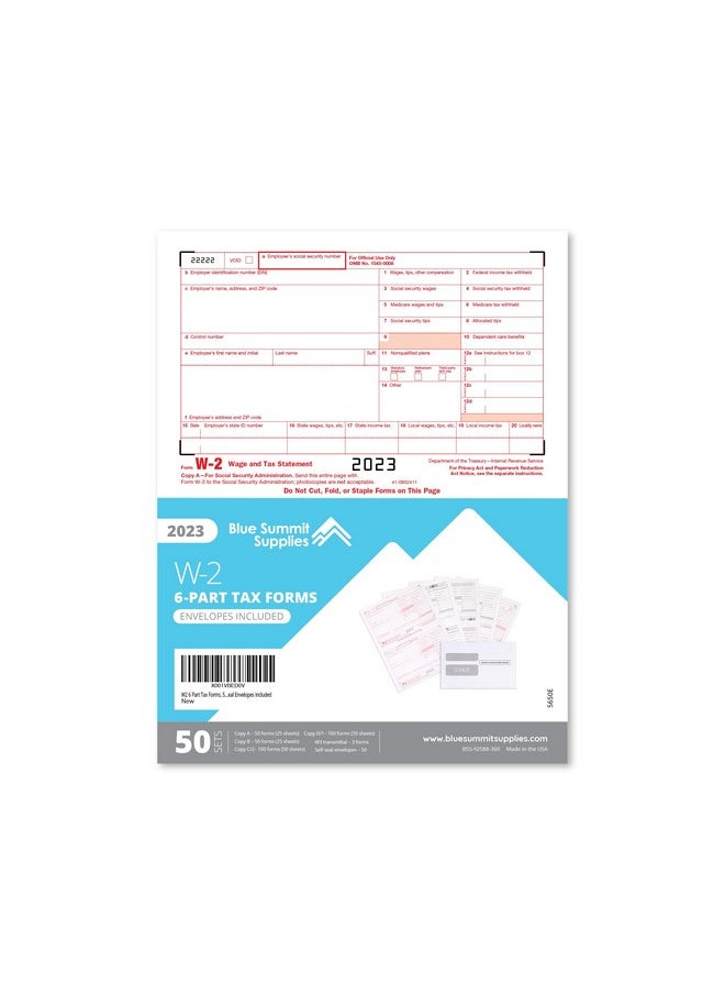 Blue Summit Supplies - W2 Forms 2023 6 Part Tax Forms 50 Employee Kit Of Laser Forms Compatible With Quickbooks And Accounting Software 50 Self Seal Envelopes Included - Image 1