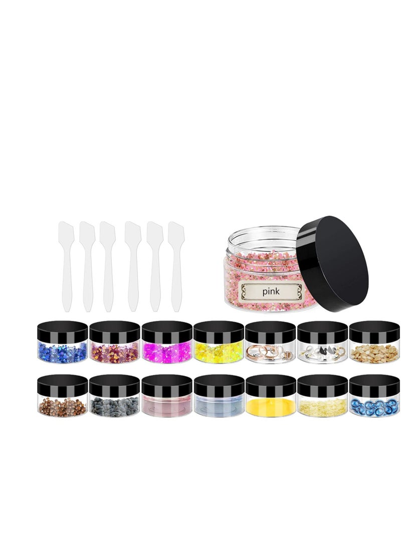 واي آند دي Plastic Makeup Cosmetic Jars, 12pcs 15ml Column Refillable Travel Empty Clear Sample Container Pots Bottles with Black Screw on Lids and 6pcs Mini Spatulas for Creams Powder Make Up - Image 1