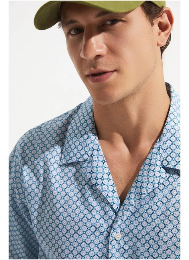 JUNE June Exclusive Men Oversize Short Sleeve Patterned Shirt Turquoise - Blue