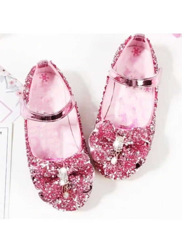 Nariele صنادل أطفال للبنات مزينة بالأحجار الكريمة مع قوس، أحذية أميرة لامعة، أحذية أطفال ذات نعل ناعم