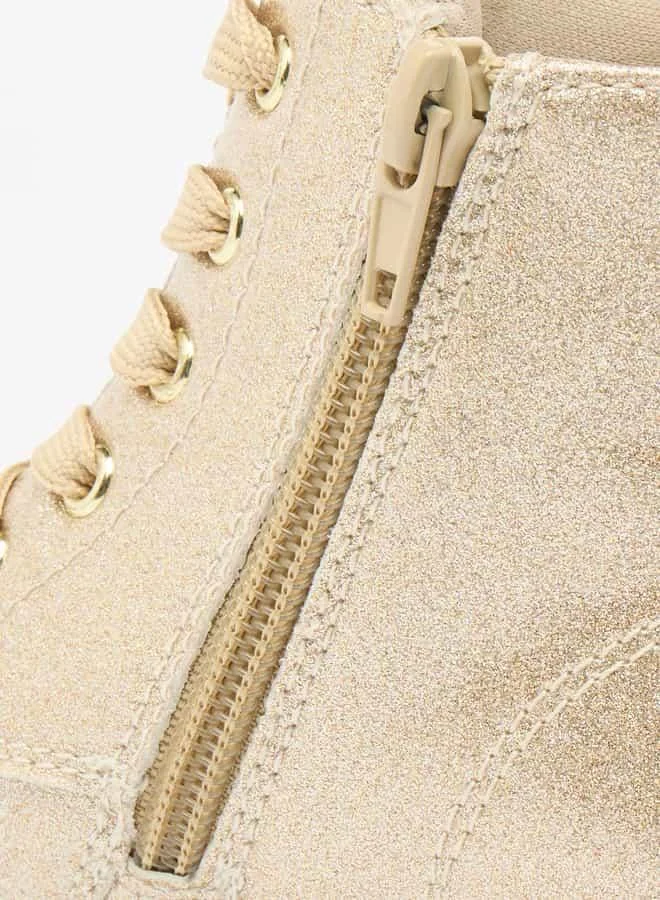 Flora Bella By Shoexpress Girls Glitter Textured High Cut Boots with Lace Detail and Zip Closure