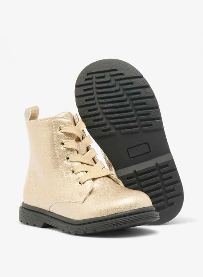 Flora Bella By Shoexpress Girls Glitter Textured High Cut Boots with Lace Detail and Zip Closure