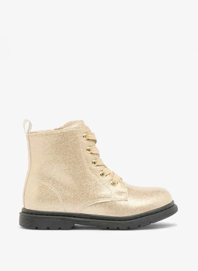 Flora Bella By Shoexpress Girls Glitter Textured High Cut Boots with Lace Detail and Zip Closure