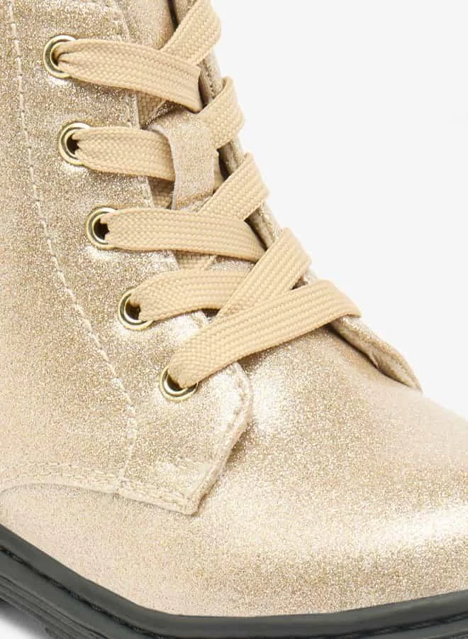 Flora Bella By Shoexpress Girls Glitter Textured High Cut Boots with Lace Detail and Zip Closure
