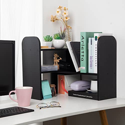 VERGOODR Desktop Adjustable Natural Wood Book Shelf Organizer Office Storage Rack Display Stand Caddy Set Expandable Desk Organizer Black - Image 3