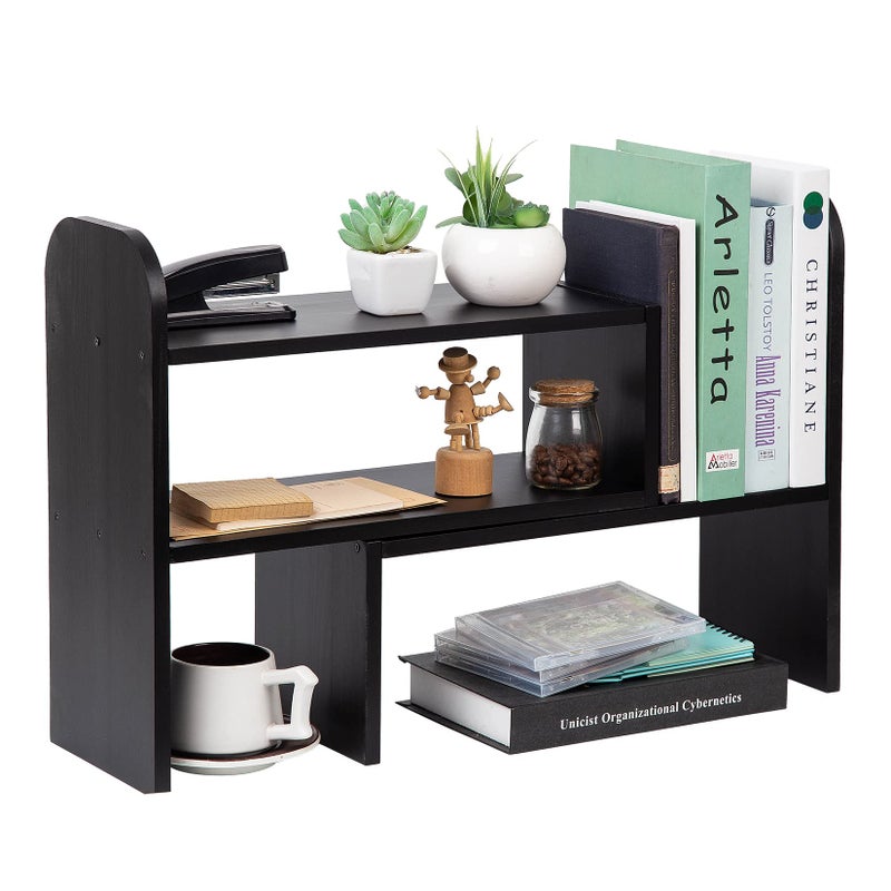 VERGOODR Desktop Adjustable Natural Wood Book Shelf Organizer Office Storage Rack Display Stand Caddy Set Expandable Desk Organizer Black - Image 2