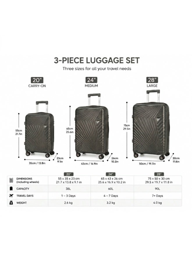 VELMORE 3 Piece Polypropylene Hard Side Luggage Set - Lightweight Spinner Suitcases with 360° Wheels | Durable Trolley Bags for Secure Travel (Small, Medium, Large) - Dark Grey - Image 2