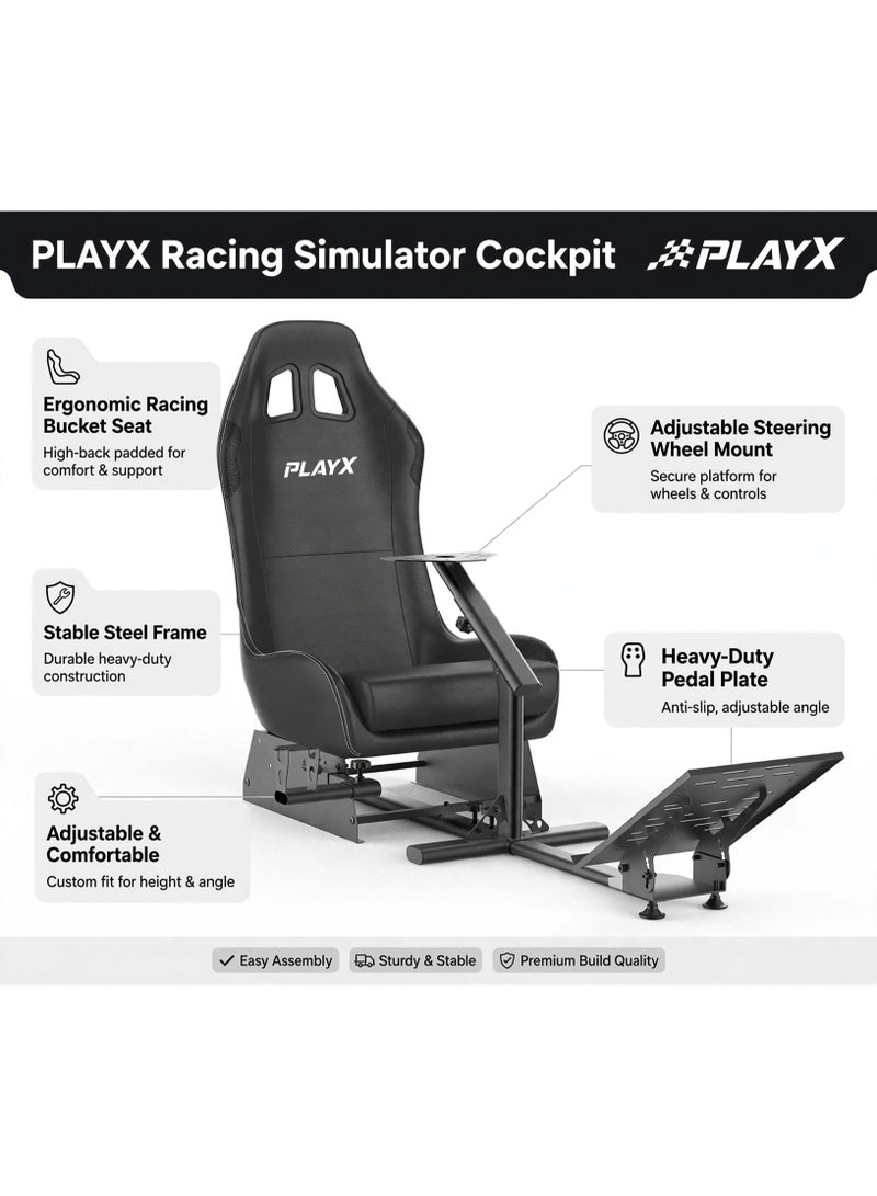 PlayX Ultimate Foldable Racing Simulator Cockpit with Bucket Seat & Steering Wheel Stand for Logitech G923 G29 G920 G27 G25 Thrustmaster T248 T300 Fanatec DD1 DD2 | Heavy Duty Racing Wheel Stand with Gaming Chair, Pedal & Shifter Mount for PS4 PS5 Xbox One PC | 330LBS Steel Frame Racing Chair Cockpit with Adjustable Wheel & Pedal Position, Foldable Backrest for Easy Storage - Image 2