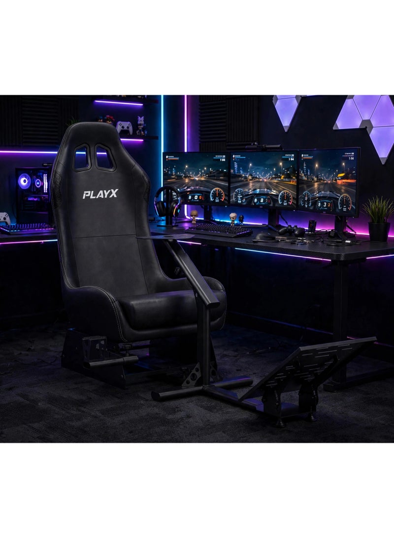 PlayX Ultimate Foldable Racing Simulator Cockpit with Bucket Seat & Steering Wheel Stand for Logitech G923 G29 G920 G27 G25 Thrustmaster T248 T300 Fanatec DD1 DD2 | Heavy Duty Racing Wheel Stand with Gaming Chair, Pedal & Shifter Mount for PS4 PS5 Xbox One PC | 330LBS Steel Frame Racing Chair Cockpit with Adjustable Wheel & Pedal Position, Foldable Backrest for Easy Storage - Image 5