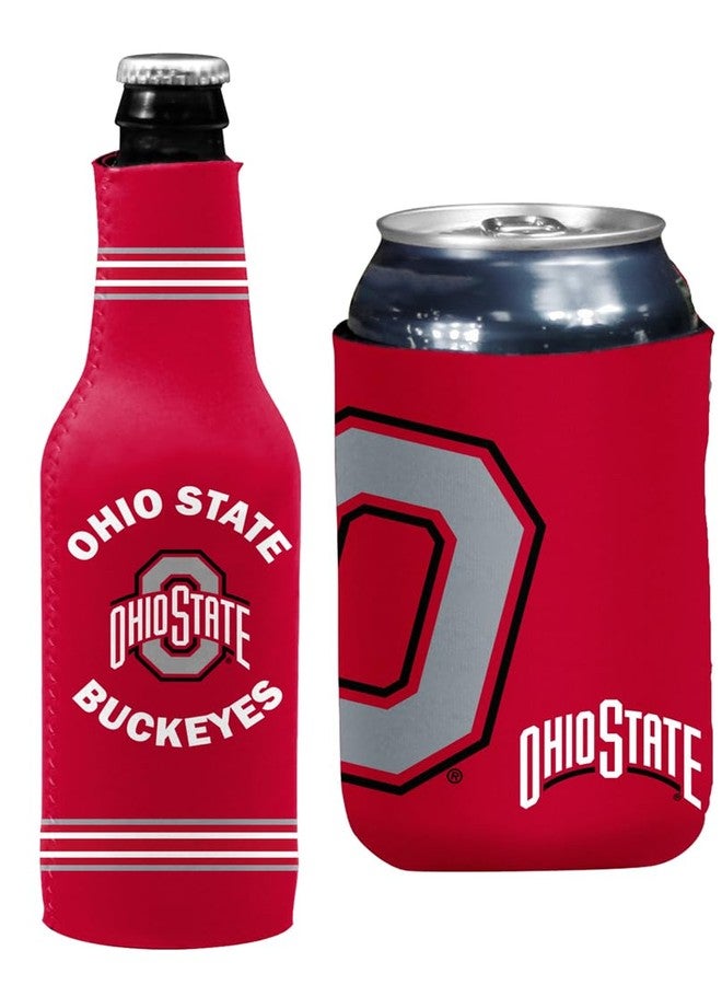 College Team Color Logo Can & Bottle Holder Insulator Beverage Cooler Set (Ohio State Buckeyes)