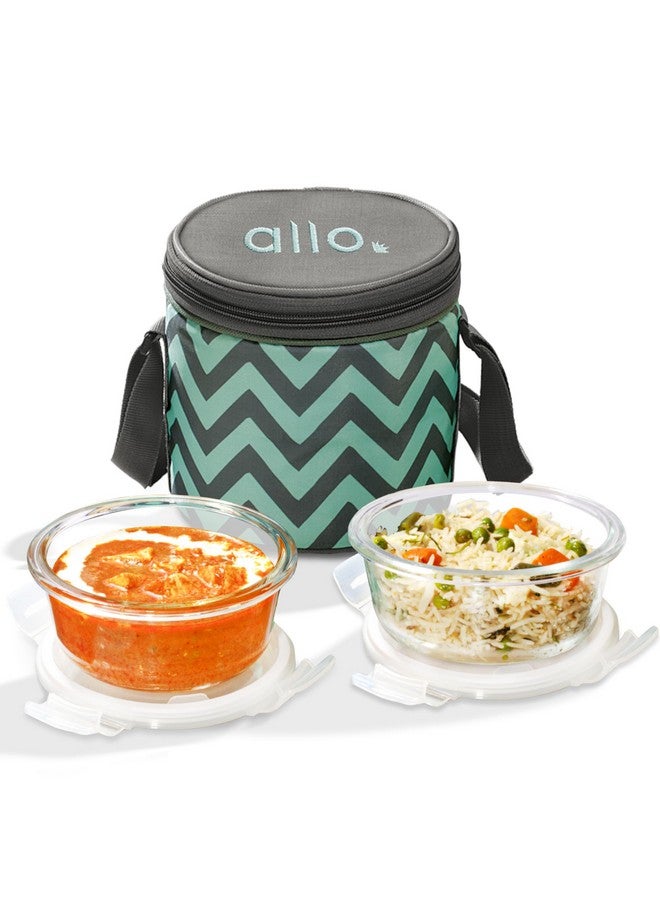 Allo Food Safe Borosilicate Glass Lunch Box, 450C Microwave Safe Lunch Box, Borosilicate Borosilicate Glass Tiffin for Office with Chevron Mint Tiffin Bag, Set of 2, 400ml x 2, Round - Image 1