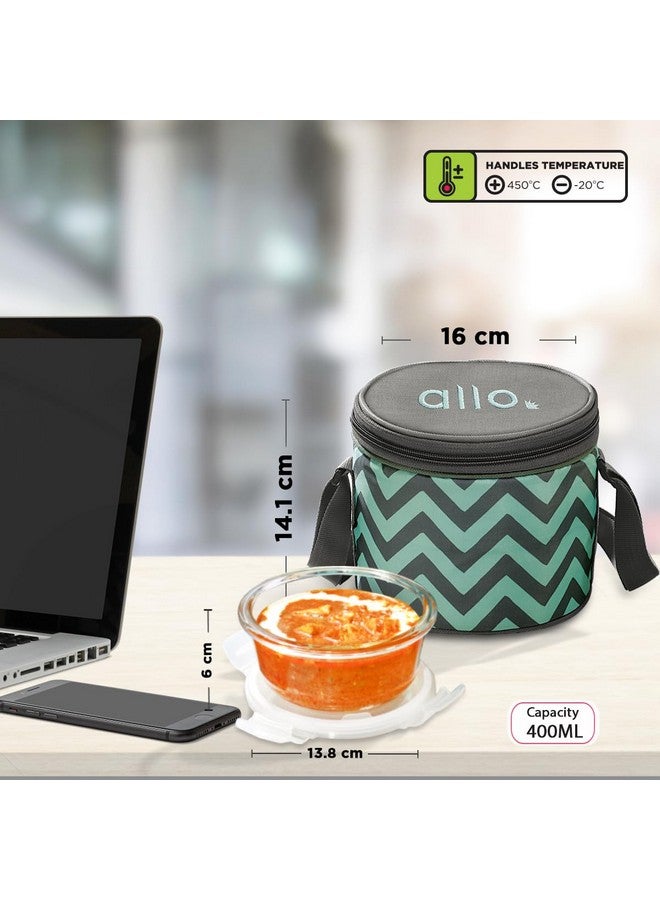 Allo Food Safe Borosilicate Glass Lunch Box, 450C Microwave Safe Lunch Box, Borosilicate Borosilicate Glass Tiffin for Office with Chevron Mint Tiffin Bag, Set of 2, 400ml x 2, Round - Image 4