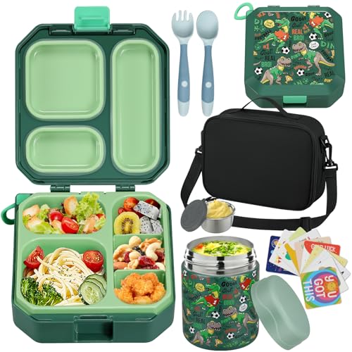 wiwens Bento Lunch Box for Kids with 12oz Soup Thermo Leak-Proof Lunch Food Container with 5 Compartment Thermo Hot Food Jar and Insulated Lunch Bag for Kid Toddler Girls Boys to School - Image 1