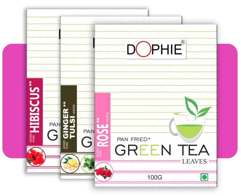 Dophie Rose green tea-1,Ginger tulsi green tea -1,Hbiscus green tea -1 (COMPO PACK-3)|Green tea with added herbs/spices|Green tea leaf| Less Bitter |More Antioxidants(100 * 3)(300g)