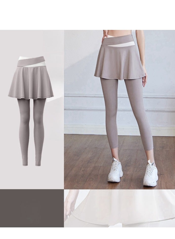 Color Blocked High Waisted Tight Fitting Anti Glare Fake Two-Piece Yoga Pants  - Image 1