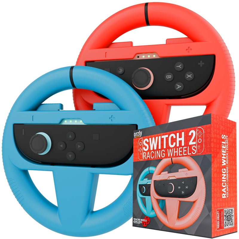 Orzly Steering Wheels Compatible with Nintendo Switch 2 (2025 Console) Twin Pack Racing Wheel Accessories for Joy Con Controllers and MarioKart Racing Games (1 Red 1 Blue) Gift Boxed - Image 1