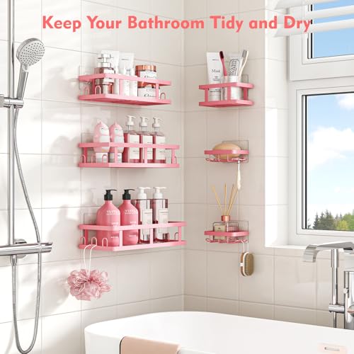 Youvip 6 Pack Shower Caddy, Adhesive Shower Shelves with Soap Holder, No Drilling Rustproof Large Capacity pink bathroom decor accessories, Pink - Image 3