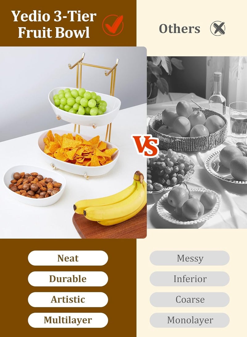 Yedio 3 Tier Fruit Bowl for Kitchen Counter, No Assembly Required Ceramic Fruit Basket with Metal Stand, Tiered Fruit Stand for Countertop for Fruit, Veggies, Snacks, Cake & Desserts - Image 3