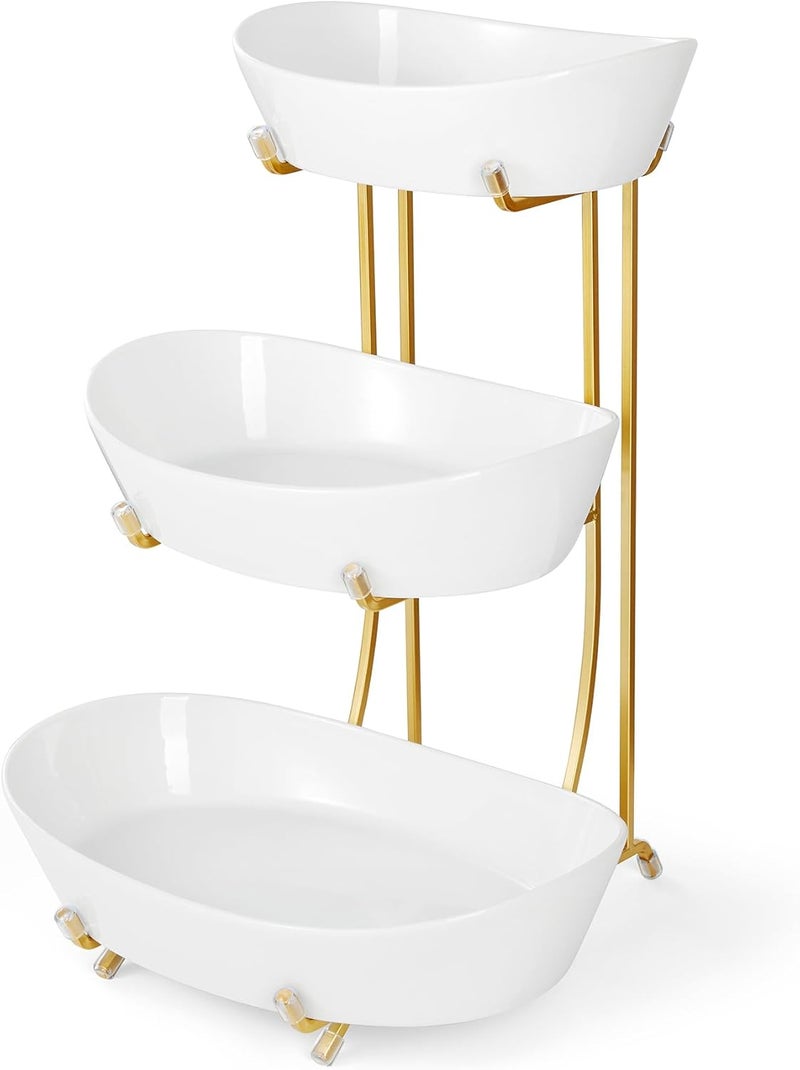Yedio 3 Tier Fruit Bowl for Kitchen Counter, No Assembly Required Ceramic Fruit Basket with Metal Stand, Tiered Fruit Stand for Countertop for Fruit, Veggies, Snacks, Cake & Desserts - Image 1