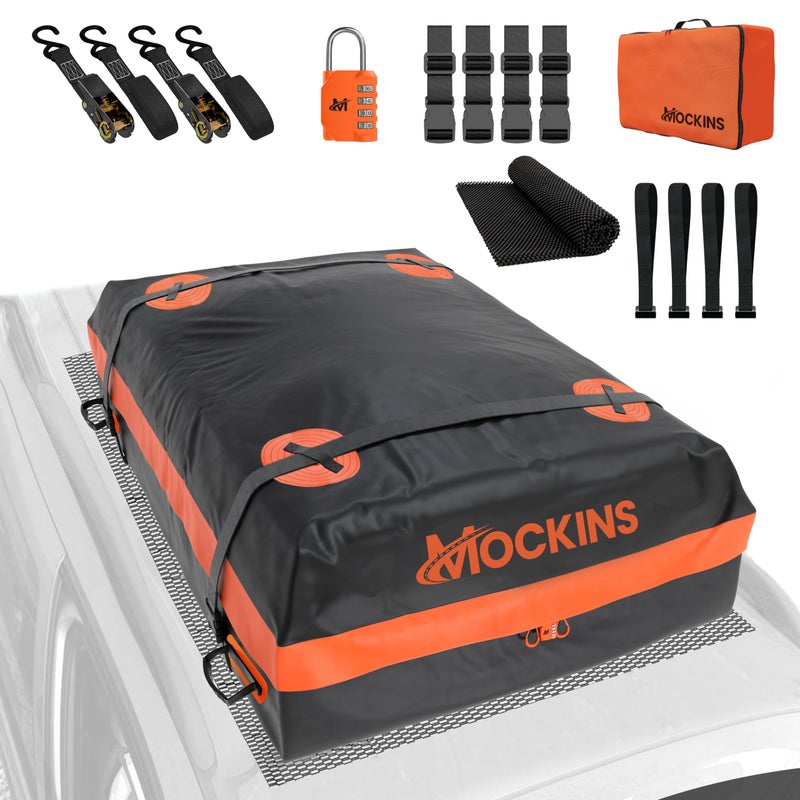 Mockins 20 CuFt Roof Cargo Bag for Top of Car 53x40x17 AllWeather Rooftop Cargo Carrier Bag AbrasionResistant Vinyl Car Top Carrier Without Roof Rack wMat Straps Hooks Lock Carry Bag