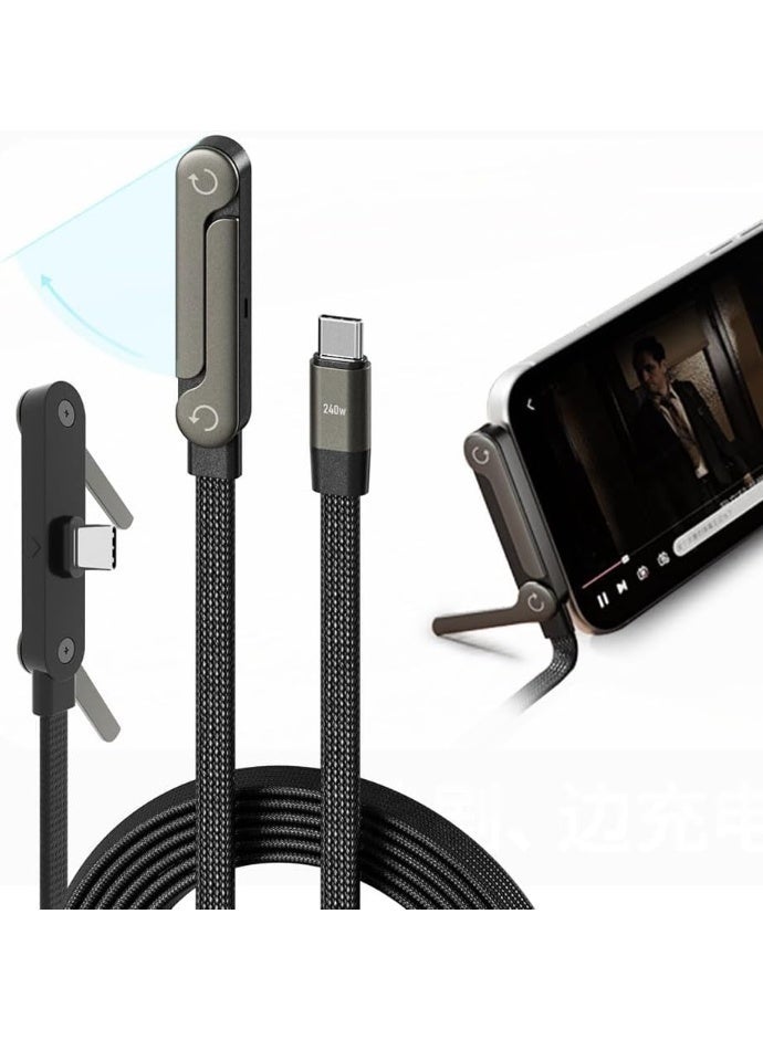 240W Type-C to Type-C Fast Charging Braided Data Cable with Foldable Phone Stand, 1.5m, 90° Angled Design - Image 1
