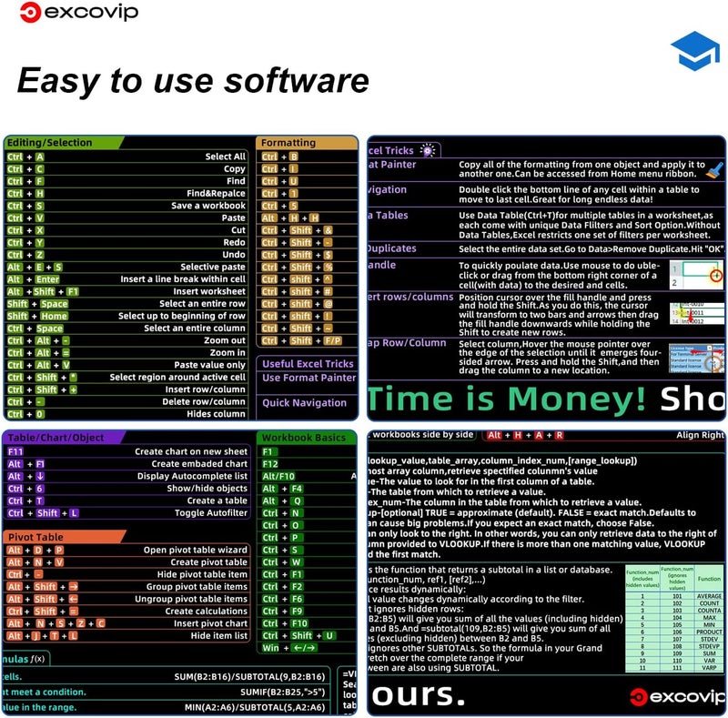 إكسوفيب وسادة اختصارات Excel، إصدار مطور، وسادة مكتب ممتدة، حواف مخيطة، قاعدة غير قابلة للانزلاق، حصائر لوحة مفاتيح، وسادات فأرة XL للمكتب، 900×300 مم 0271 - Image 5