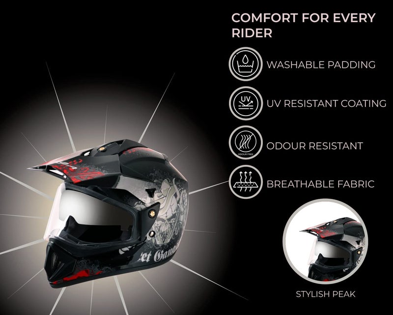 Vega Off Road Gangster ISI Certified Gloss Finish Full Face Dual Visor with Peak Helmet for Men and Women Outer Clear Visor and Inner Smoke Sun Visor(Black Red, Size:M) - Image 3