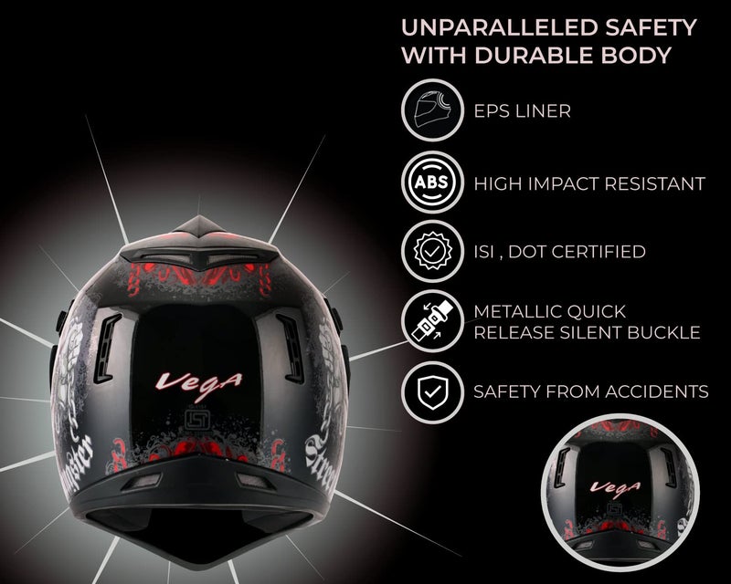 Vega Off Road Gangster ISI Certified Gloss Finish Full Face Dual Visor with Peak Helmet for Men and Women Outer Clear Visor and Inner Smoke Sun Visor(Black Red, Size:M) - Image 4
