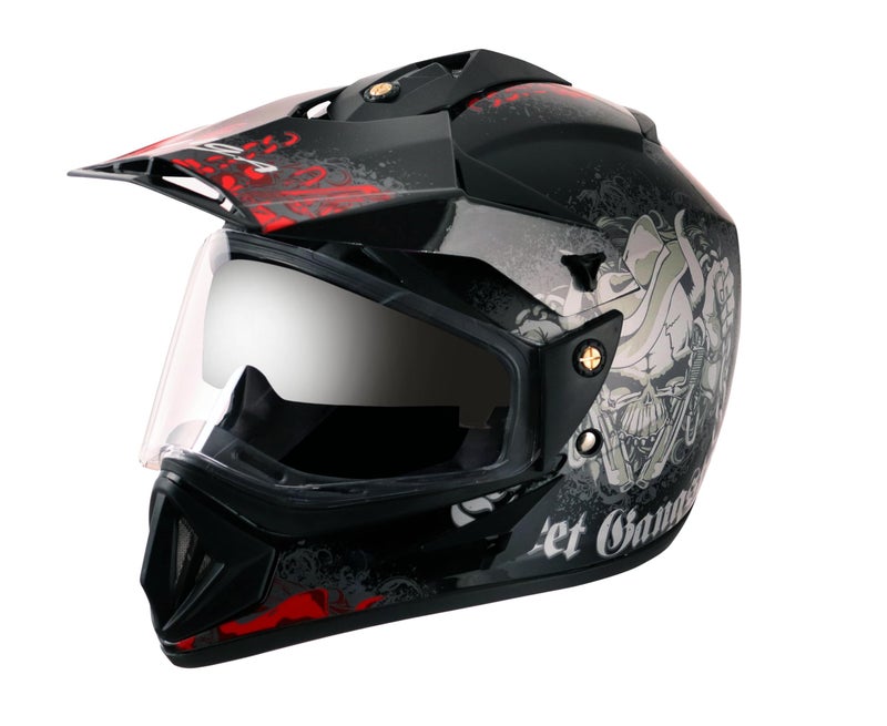 Vega Off Road Gangster ISI Certified Gloss Finish Full Face Dual Visor with Peak Helmet for Men and Women Outer Clear Visor and Inner Smoke Sun Visor(Black Red, Size:M) - Image 2