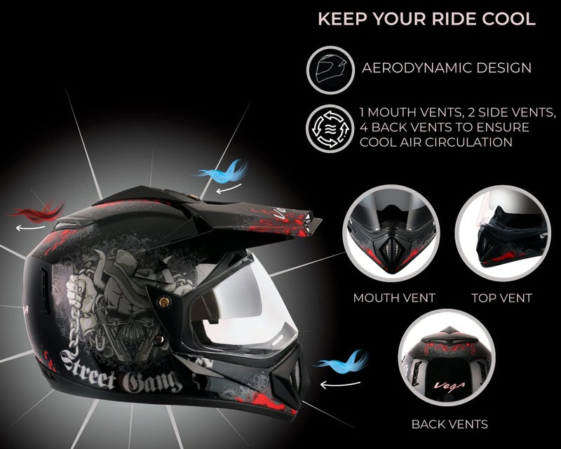 Vega Off Road Gangster ISI Certified Gloss Finish Full Face Dual Visor with Peak Helmet for Men and Women Outer Clear Visor and Inner Smoke Sun Visor(Black Red, Size:M) - Image 5