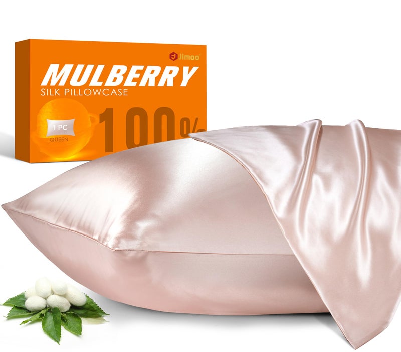 J JIMOO غطاء وسادة من حرير التوت 100% للشعر والبشرة، 22 مومي Pure Natural حرير غطاء وسادة من الجانبين مع سحاب، غطاء وسادة للنساء والأمهات والرجال (وردي فاتح، قياسي 20''×26''، 1 عبوة) - Image 1