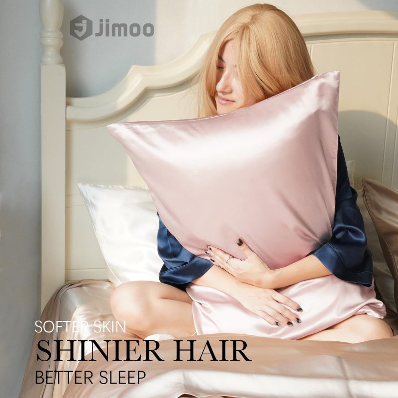 J JIMOO غطاء وسادة من حرير التوت 100% للشعر والبشرة، 22 مومي Pure Natural حرير غطاء وسادة من الجانبين مع سحاب، غطاء وسادة للنساء والأمهات والرجال (وردي فاتح، قياسي 20''×26''، 1 عبوة) - Image 2