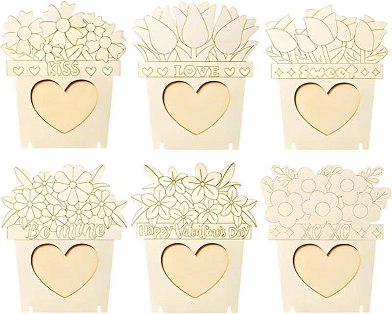 6 Pcs Wooden Photo Frame Kit, DIY Unfinished, Heart Shaped Cutout, Flower Pot Design for Painting, Valentine's, Mother's Day, Home Decor - Image 1