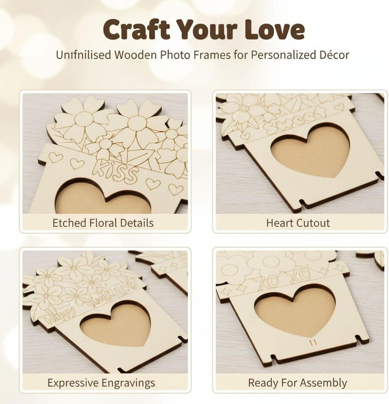 6 Pcs Wooden Photo Frame Kit, DIY Unfinished, Heart Shaped Cutout, Flower Pot Design for Painting, Valentine's, Mother's Day, Home Decor - Image 3