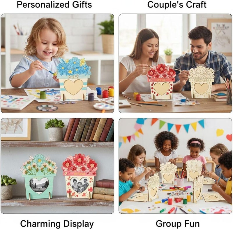 6 Pcs Wooden Photo Frame Kit, DIY Unfinished, Heart Shaped Cutout, Flower Pot Design for Painting, Valentine's, Mother's Day, Home Decor - Image 5