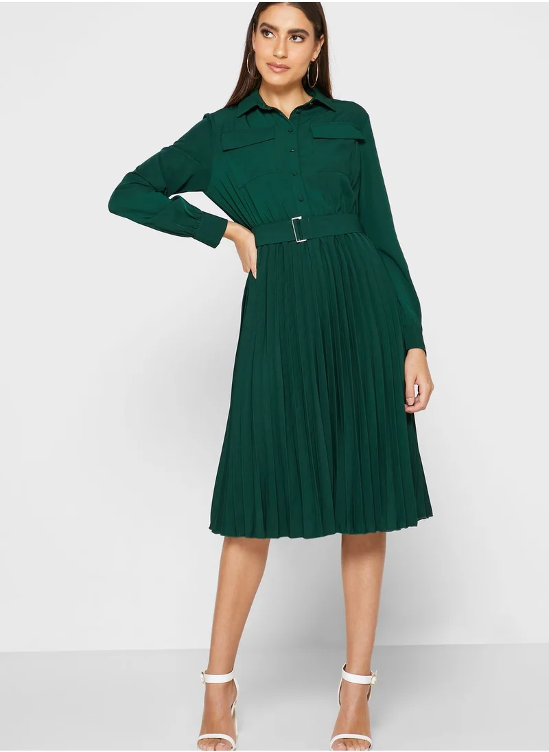 Reserved Belted Plisse Shirt Dress