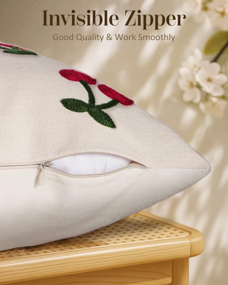 Kokaaee Embroidered Throw Pillow Cover 18x18 Inch - Spring Summer Boho Decorative Pillow Cover with Zipper for Living Room Couch Sofa Bed Aesthetic Design Little Cherry Cushion Pillowcase - Image 3