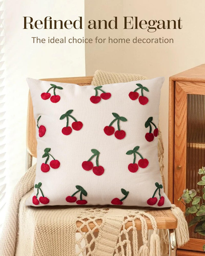 Kokaaee Embroidered Throw Pillow Cover 18x18 Inch - Spring Summer Boho Decorative Pillow Cover with Zipper for Living Room Couch Sofa Bed Aesthetic Design Little Cherry Cushion Pillowcase - Image 5