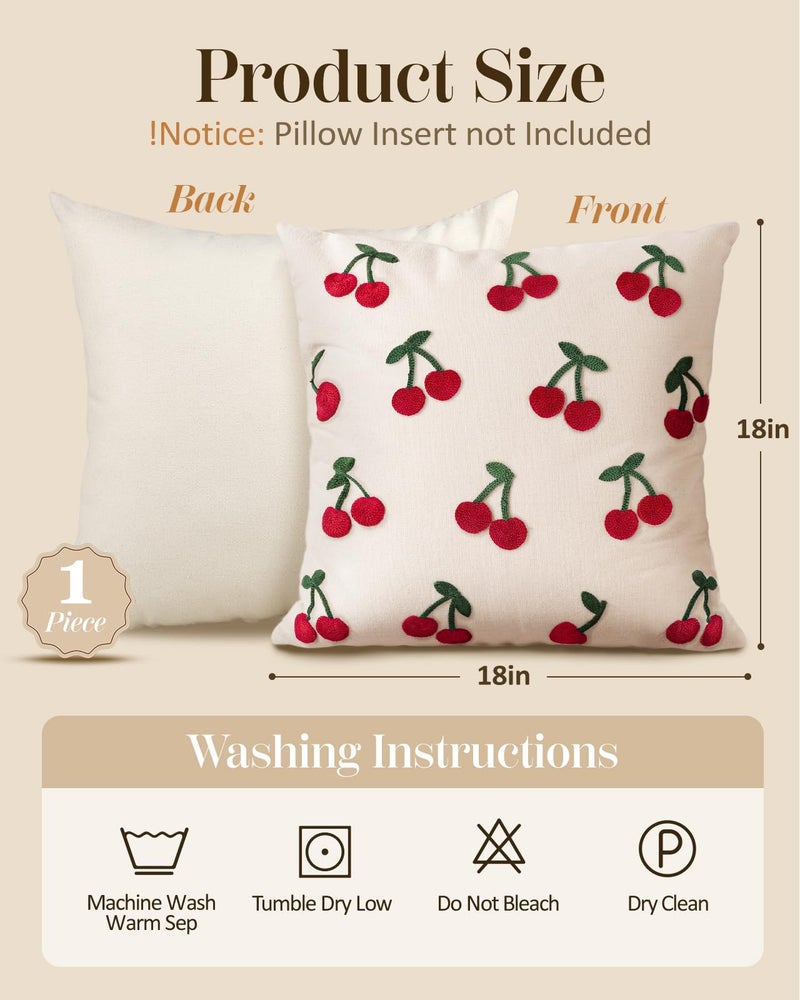 Kokaaee Embroidered Throw Pillow Cover 18x18 Inch - Spring Summer Boho Decorative Pillow Cover with Zipper for Living Room Couch Sofa Bed Aesthetic Design Little Cherry Cushion Pillowcase - Image 4