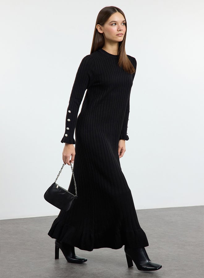 trendyol Black Frilled Rib Knit Dress TCTAW25EB00016  - Image 2