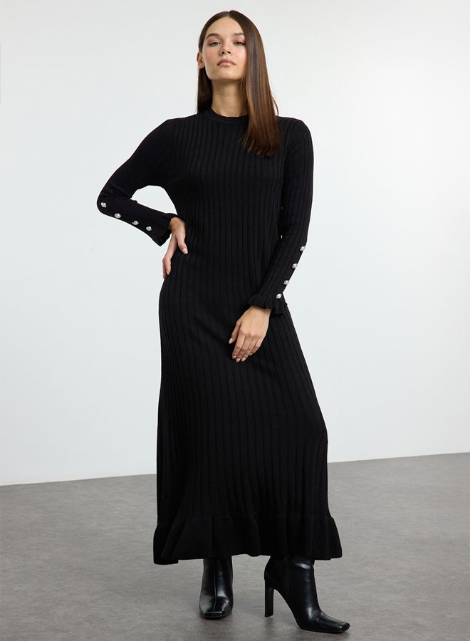 trendyol Black Frilled Rib Knit Dress TCTAW25EB00016  - Image 1