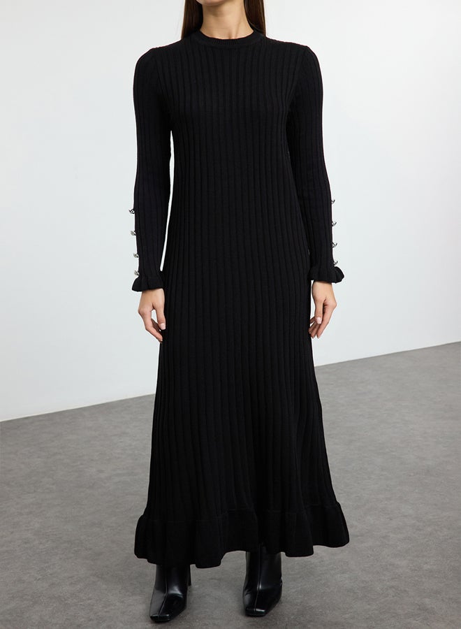 trendyol Black Frilled Rib Knit Dress TCTAW25EB00016  - Image 3