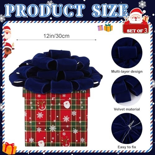 Mindsoft 3 Pcs 12 Inch Giant Christmas Gift Wrap Holiday Car Bows Velvet Extra Large Pre Tied Jumbo Present Bows with Twist Ties for Xmas New Year Party Favor Decorations Wedding BirthdayBlue - Image 3