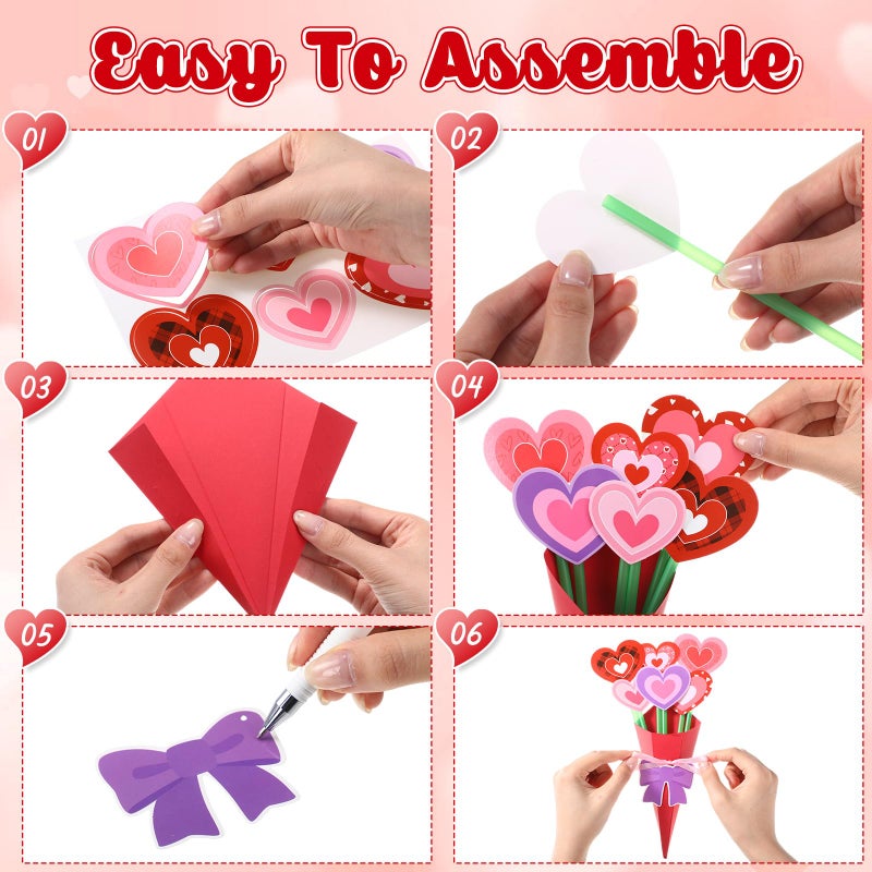Fullhawl 36 Sets Flower Bouquet Craft Kit Valentines Day Crafts Kit DIY Heart Paper Decorations Make Your Own Valentine Flower Bouquet for DIY Valentines Wedding Birthday Gift Party Supplies(Heart) - Image 3