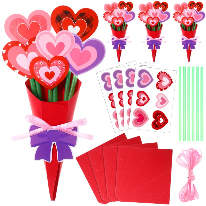 Fullhawl 36 Sets Flower Bouquet Craft Kit Valentines Day Crafts Kit DIY Heart Paper Decorations Make Your Own Valentine Flower Bouquet for DIY Valentines Wedding Birthday Gift Party Supplies(Heart) - Image 1
