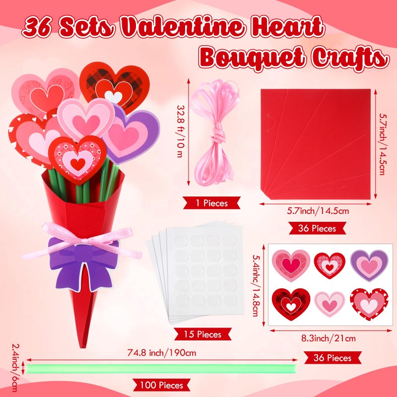 Fullhawl 36 Sets Flower Bouquet Craft Kit Valentines Day Crafts Kit DIY Heart Paper Decorations Make Your Own Valentine Flower Bouquet for DIY Valentines Wedding Birthday Gift Party Supplies(Heart) - Image 2