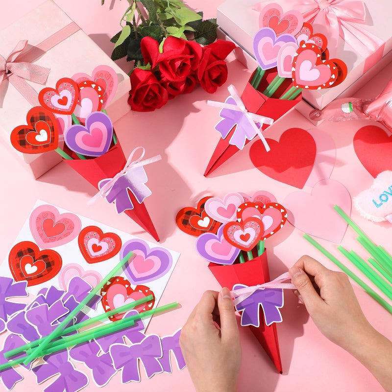 Fullhawl 36 Sets Flower Bouquet Craft Kit Valentines Day Crafts Kit DIY Heart Paper Decorations Make Your Own Valentine Flower Bouquet for DIY Valentines Wedding Birthday Gift Party Supplies(Heart) - Image 4