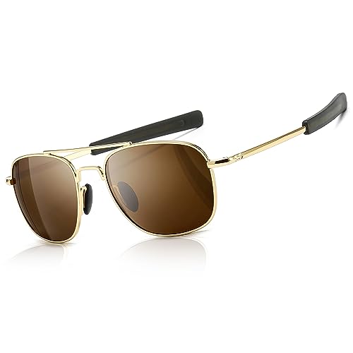 SUNGAIT Men's Military Style Polarized Pilot Aviator Sunglasses - Bayonet Temples (Gold Frame/Brown Lens, 55) SGT285 JKC - Image 1