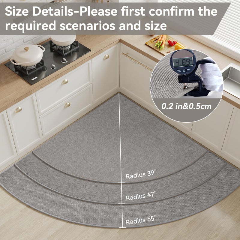 YDKGL Corner Kitchen Rugs Non Slip Washable, Rubber Backing Circular Sector Kitchen Mats for Floor, Super Absorbent Imitation Linen Braided Kitchen Floor Mat for Sink Corner Areas (Gray, Radius 39") - Image 2